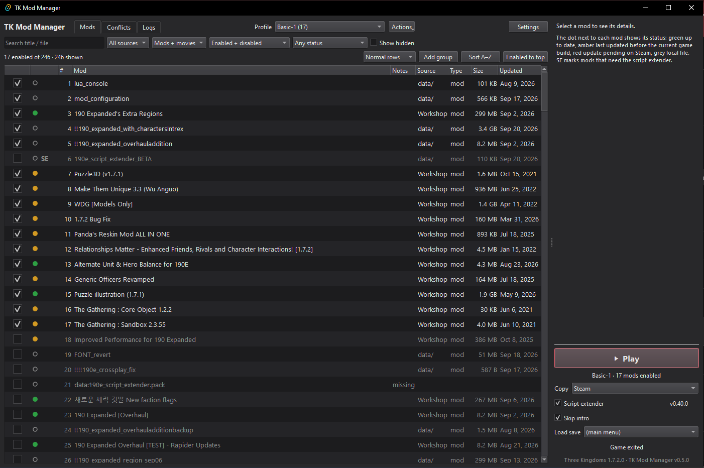 TK Mod Manager showing the mod list with load order, status dots and the launch panel